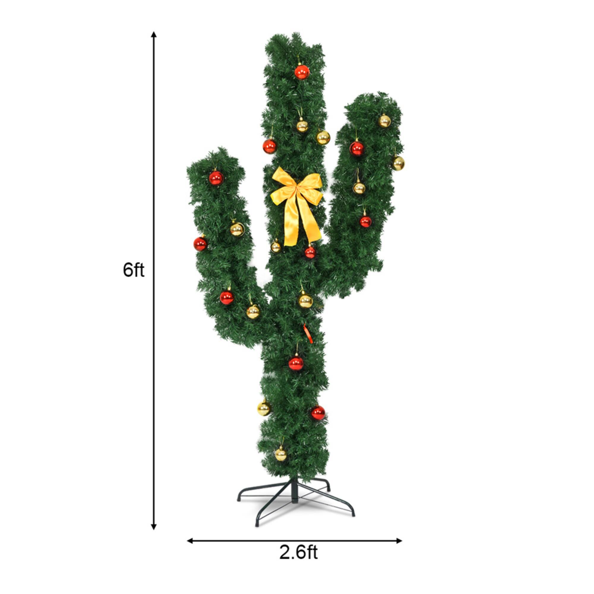 Costway 6ft. Pre-Lit Cactus Artificial Christmas Tree, Warm White LED Lights & Ball Ornaments
